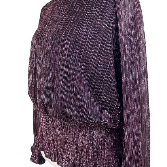 Joie Black & Pink Metallic Textured Ribbed Smocked Waist Long Sleeve Blouse - Picture 7 of 11